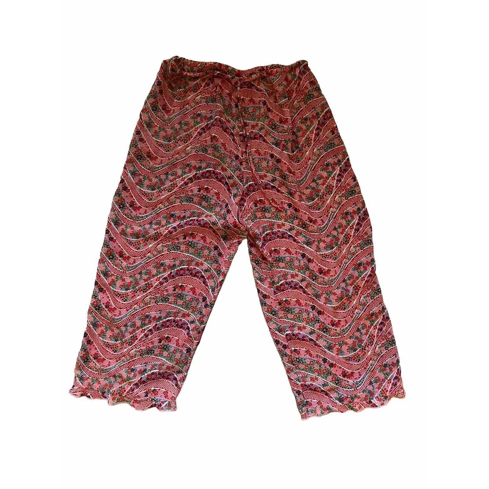 Natori Josie Sheer Capri‎ Wide Leg Pajama Pant Ruffle Hem Chiffon Pink Floral S
